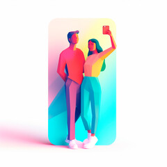 Young romantic smiling couple making selfie on stylized colorful background. AI generated
