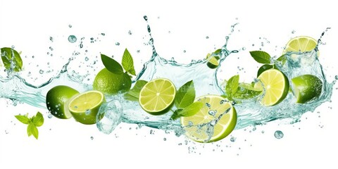 Fototapeta na wymiar water splash with mint leaves, slices of lime and ice cubes isolated on white background