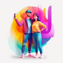 Young romantic smiling couple making selfie on stylized colorful background. AI generated