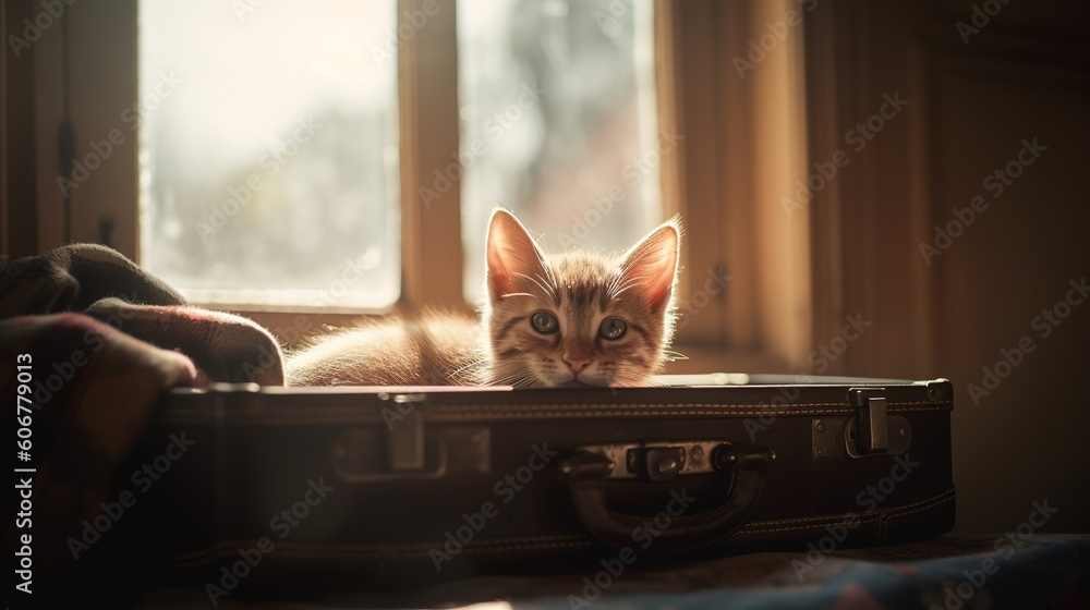 Poster a piece of baggage with a cat curled up on top of it generative ai