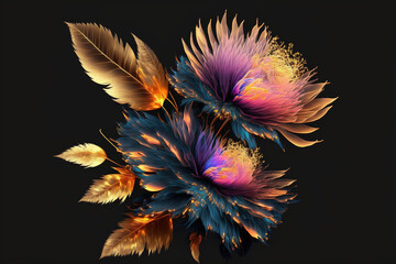 Abstract flowers with golden leaves and feathers on a dark background. AI