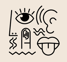 Five human senses icon composition. Mouth to taste, nose to smell and ear to hearing and hand to touch and eye for vision. Outlined human sense organ symbols or icons on white. Vector illustration
