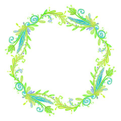 Fototapeta na wymiar Watercolor green grass wreath decorative. PNG. Transparent.