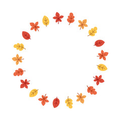 Fototapeta premium Autumn leaves round frame. Wreath of fall leaves, Halloween, Thanksgiving border template. Vector illustration.
