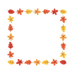 Autumn square frame with seasonal leaves on a white background. Modern vector illustration. Halloween, Thanksgiving border template.