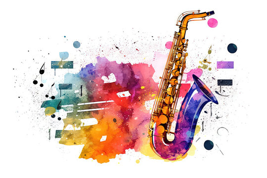 Colorful saxophone on watercolor splashes background