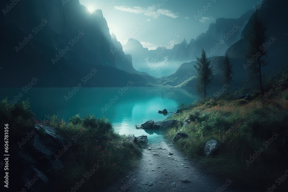 Poster a route that winds its way to a lake, with some mountains in the distance generative ai