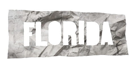 Florida state name cut out of crumpled newspaper in retro stencil style isolated on transparent background
