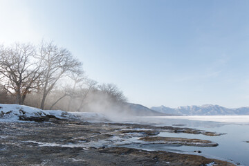 Steam rising from Lake Kussharo, Hokkaido in winter