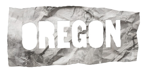 Oregon state name cut out of crumpled newspaper in retro stencil style isolated on transparent background