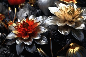 beautiful background with flowers made of metal, ai tools generated image