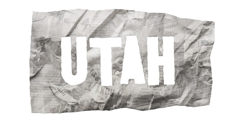 Utah state name cut out of crumpled newspaper in retro stencil style isolated on transparent background