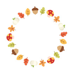 Round Autumn Frame with leaves, pumpkin and acorns. Wreath of fall elements, Halloween, Thanksgiving border template. Vector illustration.