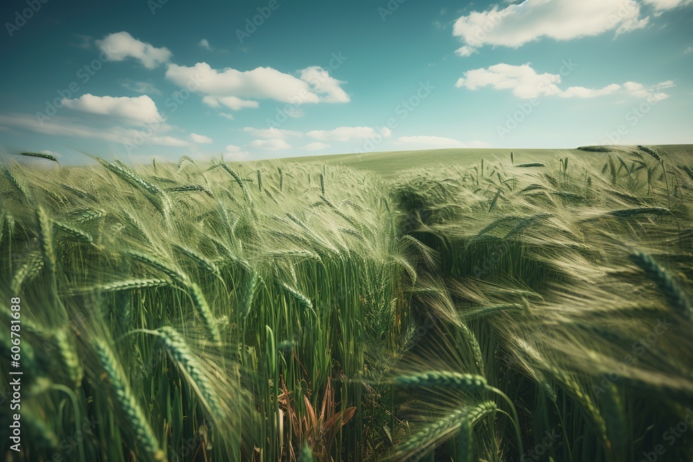Poster a large plot of grassy land with a clear blue sky above it generative ai