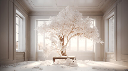 Snowy Haven: Room with Delicate Floral Tree Digital Backdrops PNG and Calming Translucent Ambiance