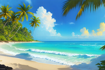 panorama of tropical beach with coconut palm trees.