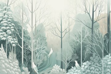 Forest background in shades of white and green, Generative ai