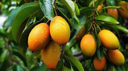 Fresh and ripe Indian mangoes on tree, Summer season fruit, Generative AI