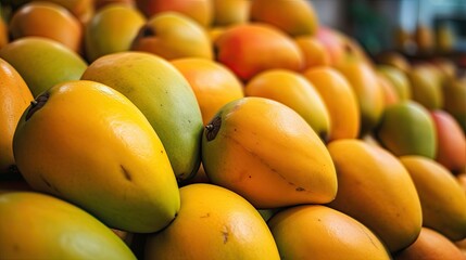 Naklejka na ściany i meble Fresh Indian Mangoes at the supermarket, Indian summer season fruit, Generative AI