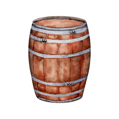 Obraz premium Watercolor wooden barrel isolated on transparent background. Hand drawn illustration.