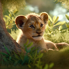 Obraz premium Lion cub lying in the grass