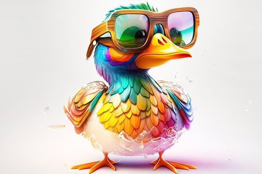 Cartoon colorful duck with sunglasses on white background. Created with generative AI