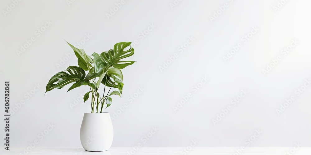 Poster Product Showcase. Interior Design Inspiration Table with Green Plant and white Vase on a Table in house