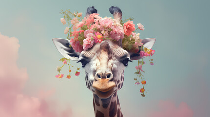 Giraffe with flowers in the head Generative AI