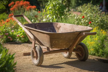 Wheelbarrow in sunny formal garden