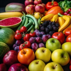 Naklejka na ściany i meble Assortment of fresh fruits and berries in rainbow colors. AI generative illustration.