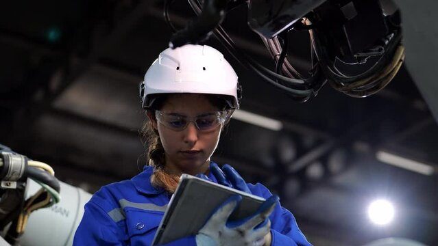video slow motion, Caucasian female engineer wearing safety uniform working use tablet Online information, monitor machine operation, check maintenance to make a machine work efficiently and safely.