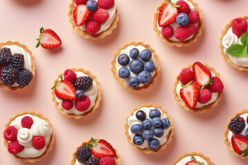 Delicious sand dough tartlets with vanilla cream swirl, blueberries, raspberries, strawberries, blackberries isolated on pastel beige background, top view, copy space. Generative AI photo imitation. - obrazy, fototapety, plakaty