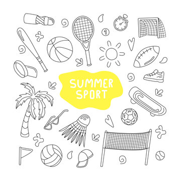 vector set on the theme of summer sport in doodle style