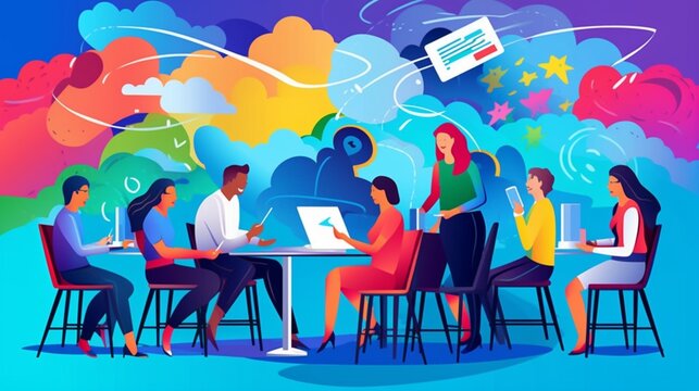 Teamwork in a company. They are discussing, analyzing data charts, and fostering collaboration. Vibrantly background, bright and vibrant atmosphere.