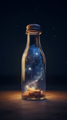 3d rendering of magic potion in bottle on dark background with stars