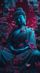 Buddha statue with flower petals and red light background.