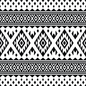 Aztec tribal seamless vector pattern. Abstract ethnic geometric pixel pattern. Black and white colors. Design for textile template, fabric, clothing, curtain, rug, ornament, background, wrapping.