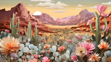 paper collage of flowers and cacti under the sun in the desert in mountains, aesthetic vibe made with generative ai	