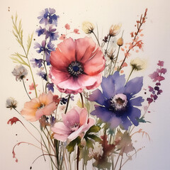 Watercolor subtle flowers boquet on a canvas
