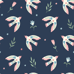 Vector seamless pattern with  birds, flowers, leaves in folklore style. Doves of peace. Doodle illustrations with stylized decorative floral elements. For textiles, clothing, bed linen.