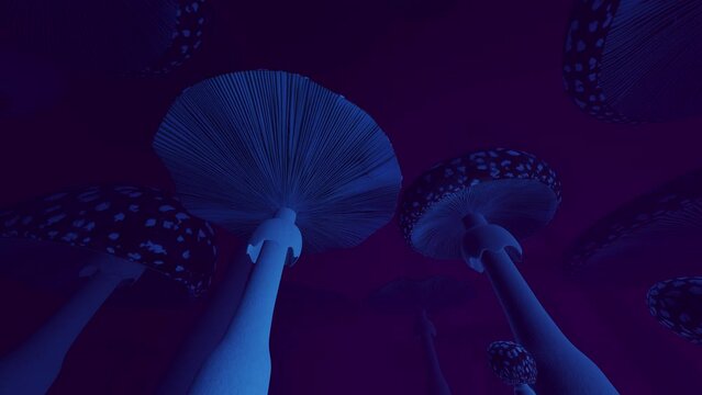 Amanita muscaria mushrooms 3d seamless loop purple mist iridescent glow