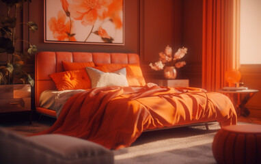 Living in an Orange Color Palette Bedroom, Generative AI
