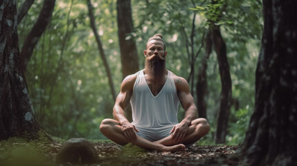 Naklejka na ściany i meble A muscular man with long beard doing yoga in the forest, meditation, relaxation, generative ai