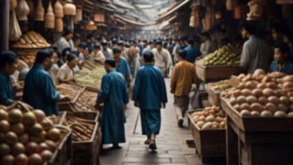 Blurred crowd of people walking in the traditional Asian market. Generative AI.