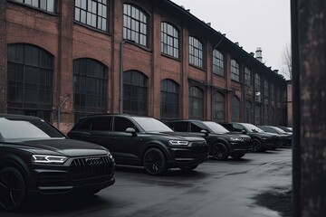 Fototapeta na wymiar Parking garage interior with rows of parked cars. Dark toned