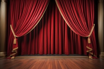 Luxury red curtain backdrop on the stage with wooden floor