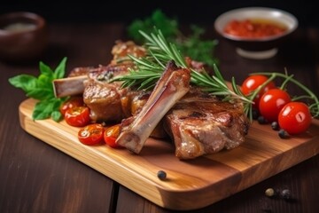 Main course grilled pork ribs on wooden plate, Generative ai