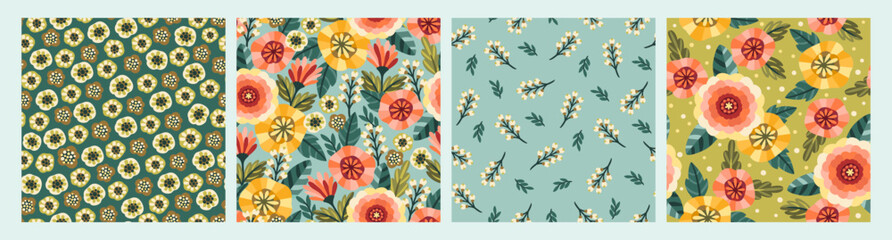Set of Folk floral seamless patterns. Modern abstract design for paper, cover, fabric, pacing and other - 606788262