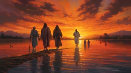 Jesus and disciples walking in the sunset