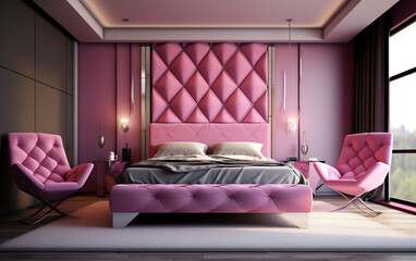 modern living room magenta and Silver Bedroom with Metallic Accents, Generative AI	